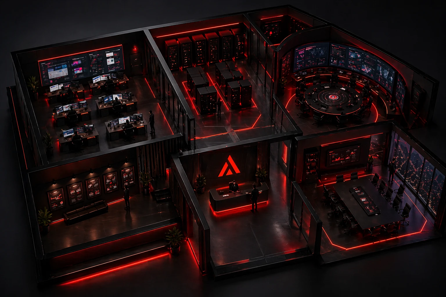 Isometric cutaway view of AI93 HQ showing all departments
