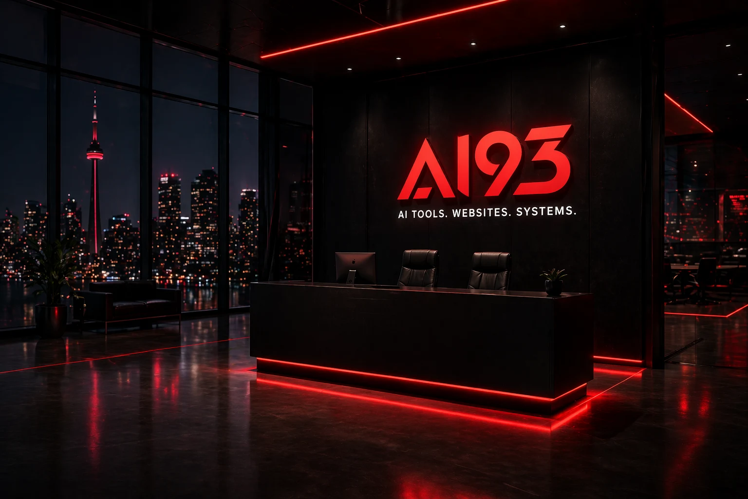 AI93 reception with illuminated logo wall and red neon floor lighting
