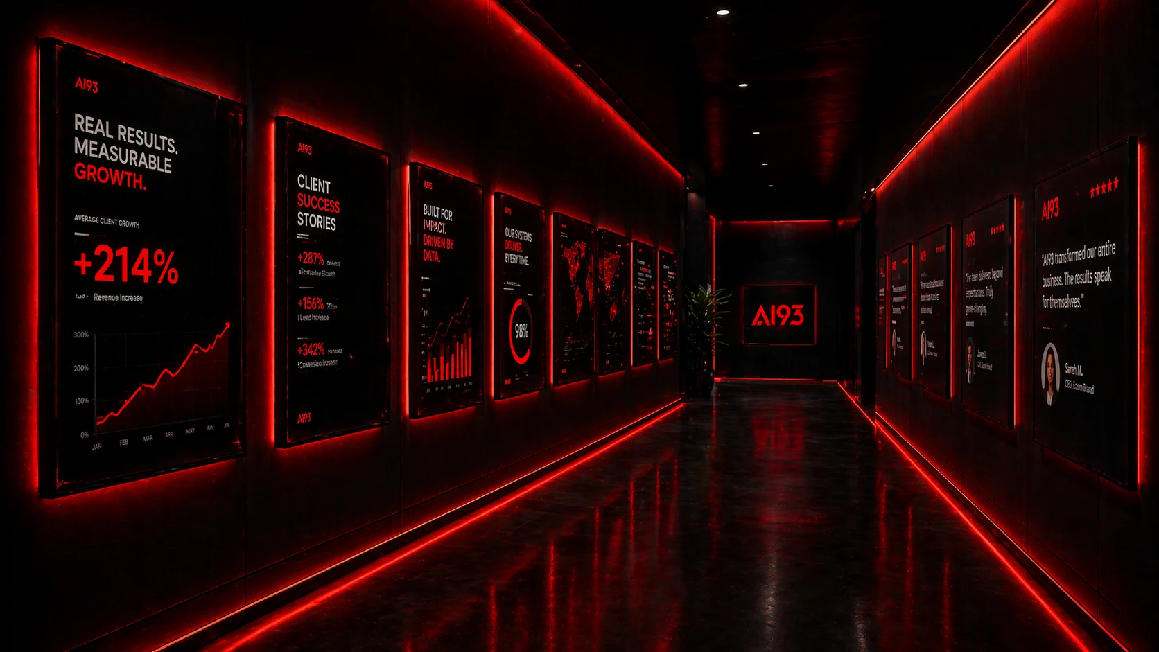 AI93 Results Hall — a corridor of framed client case studies and growth charts